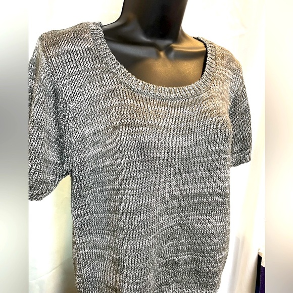 Metallic Silver Shimmer Open Knit Body Crop Short Sleeve Sweater Large - Picture 5 of 10